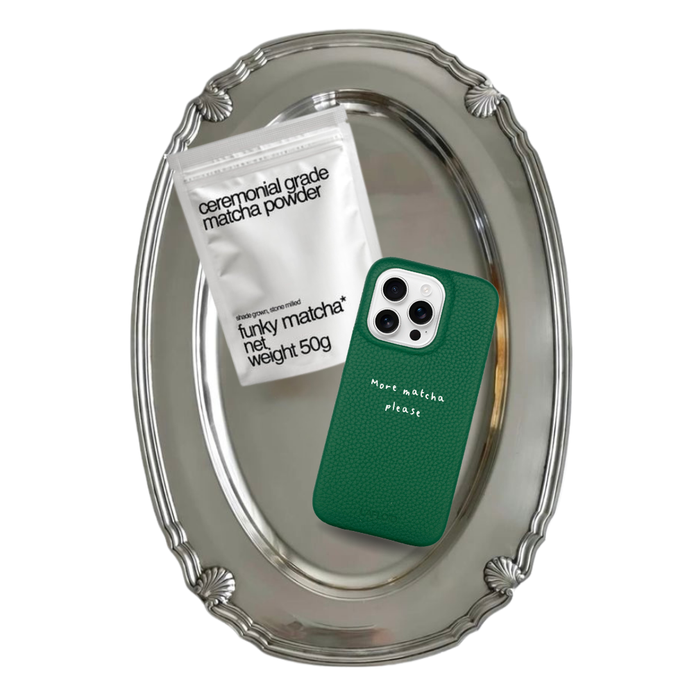 50gr Ceremonial Matcha + Funda iPhone 14 Pro Green "More matcha please"