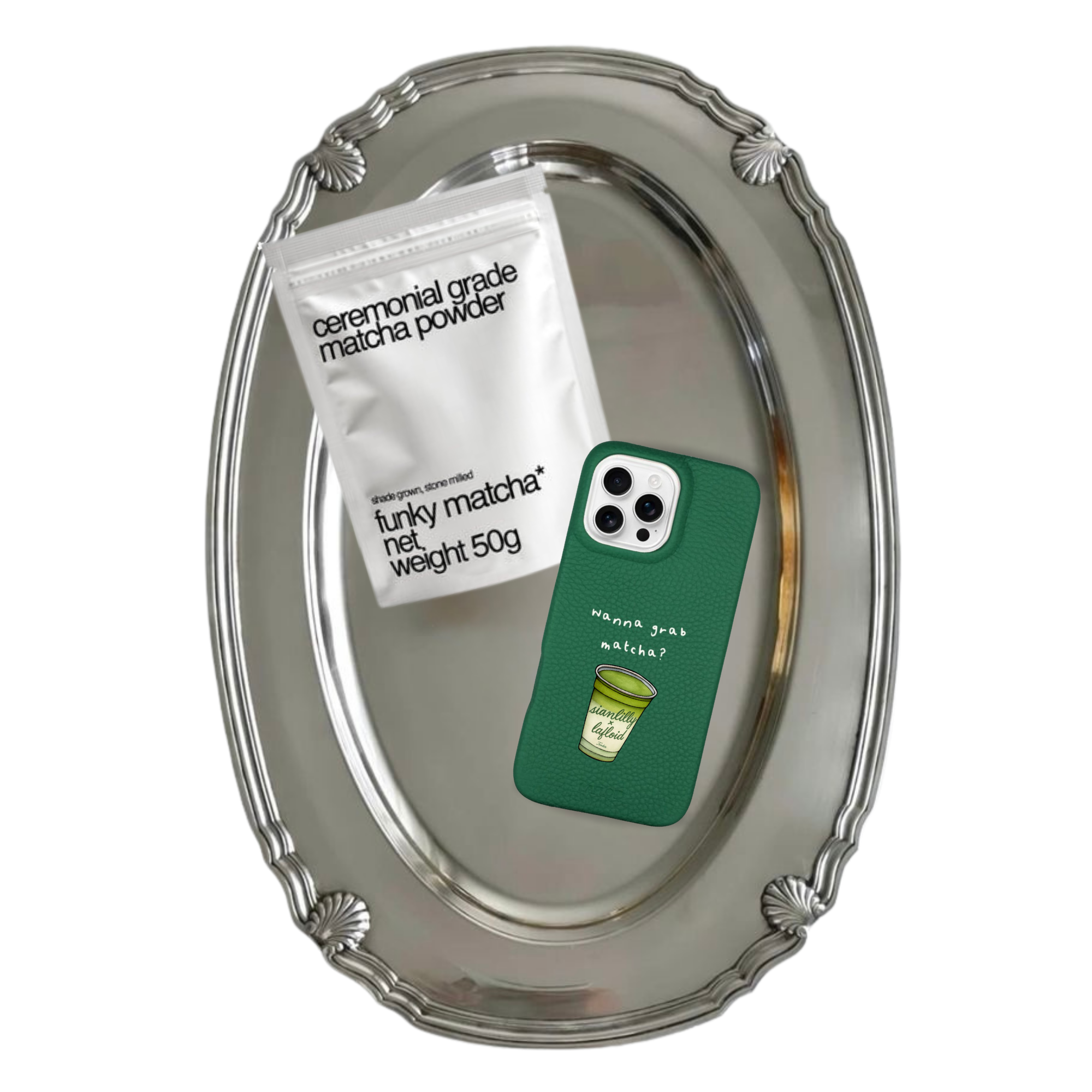 50gr Ceremonial Matcha + Funda iPhone 16 PRO Green "Wanna grab matcha?"