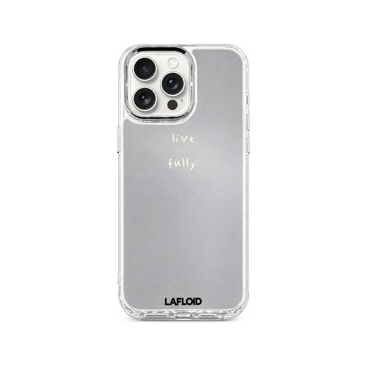 Funda espejo LAFLOID iPhone 15 Pro Max personalizada sobre fondo blanco
