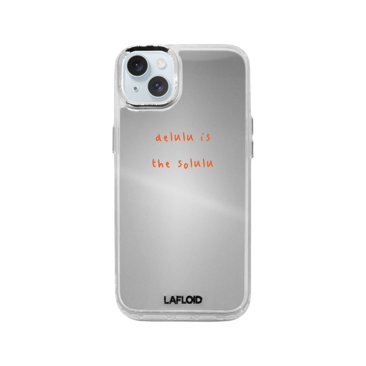 Funda espejo LAFLOID iPhone 15 personalizada sobre fondo blanco