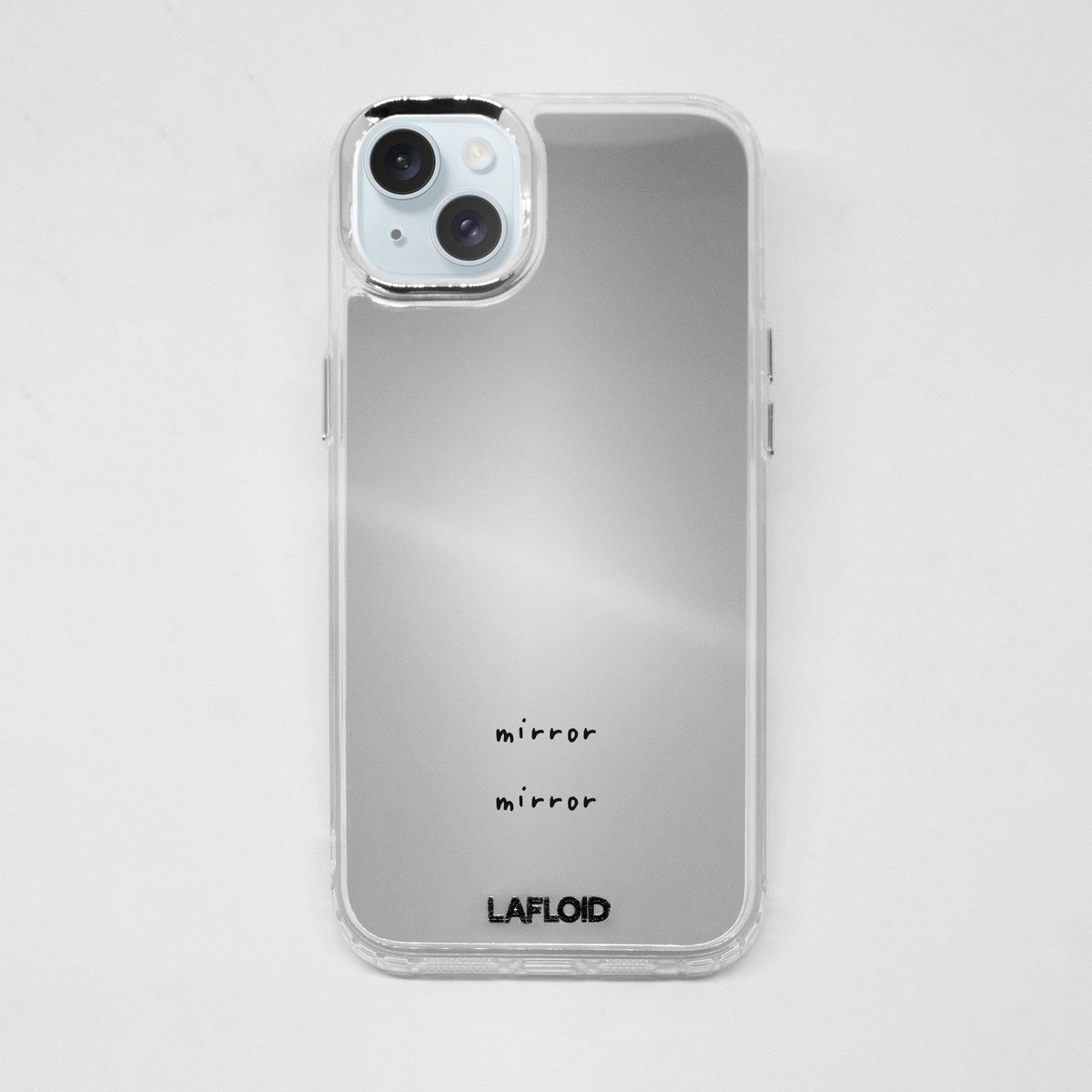 Funda espejo LAFLOID iPhone 15 con frase personalizada «mirror mirror» impresa en negro