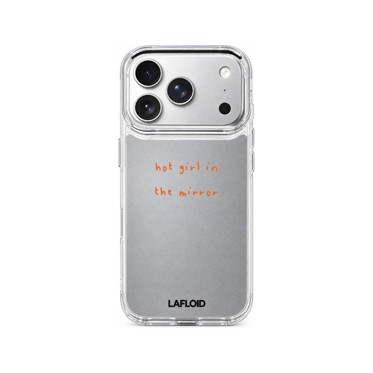 Funda espejo LAFLOID iPhone 17 Pro personalizada sobre fondo blanco