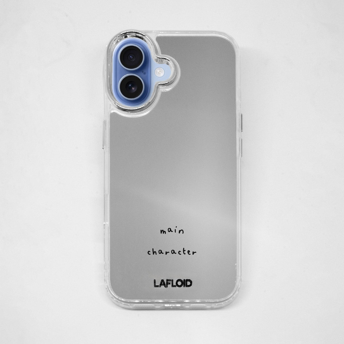 Funda espejo LAFLOID iPhone 17 con frase personalizada «main character» impresa en negro