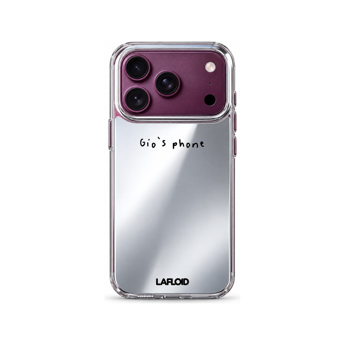 Funda espejo LAFLOID iPhone 18 Pro Max personalizada sobre fondo blanco