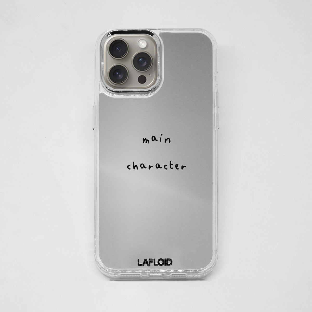 Funda espejo LAFLOID iPhone 15 Pro con frase personalizada «main character»
