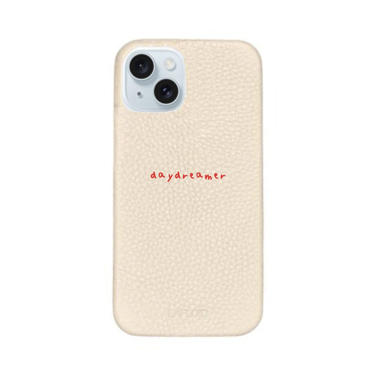 Funda de piel LAFLOID en color cotton para iPhone 13 con frase personalizada «daydreamer» en tipografía handwritten