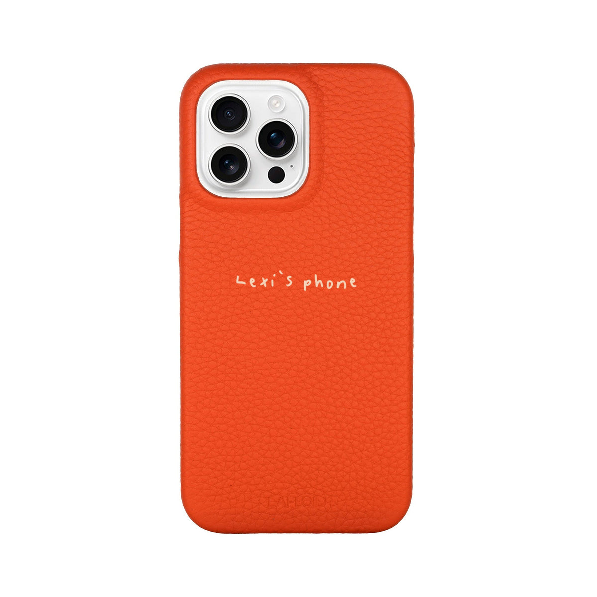 Funda de piel LAFLOID en naranja para iPhone 14 Pro Max con frase personalizada «Lexi's phone» en tipografía handwritten
