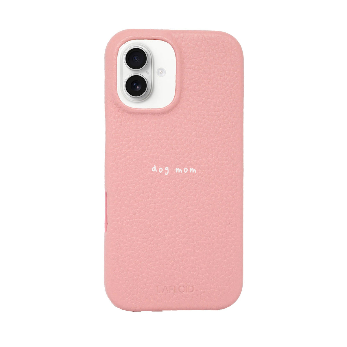 Funda de piel LAFLOID iPhone 17 en Baby Pink con frase personalizada «dog mom» en tipografía handwritten