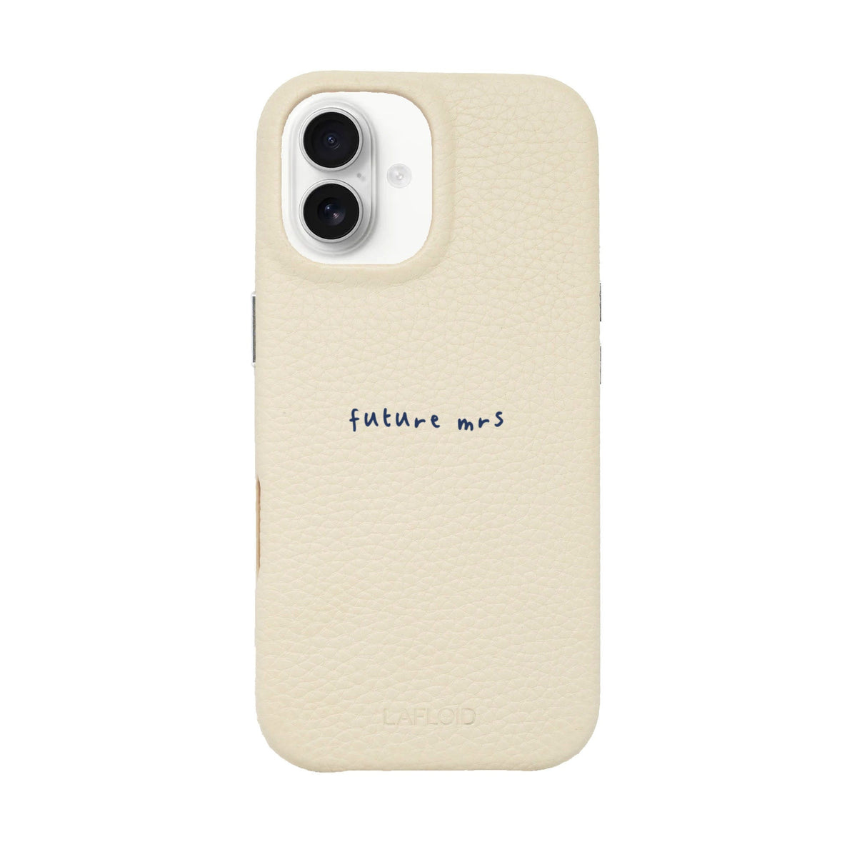 Funda de piel LAFLOID iPhone 17 en Cotton con frase personalizada «future mrs» en tipografía handwritten