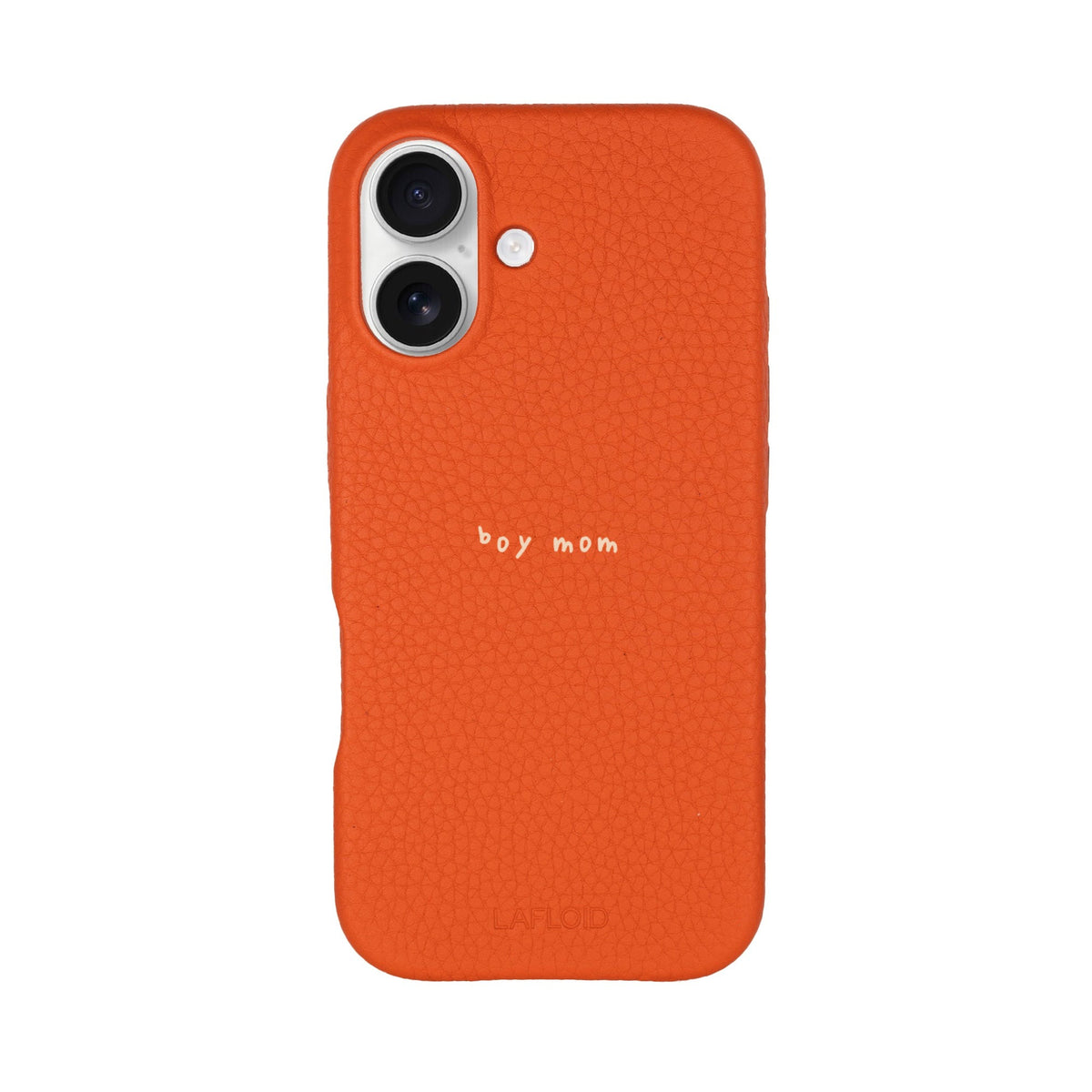 Funda de piel LAFLOID iPhone 17 en Orange con frase personalizada «boy mom» en tipografía handwritten