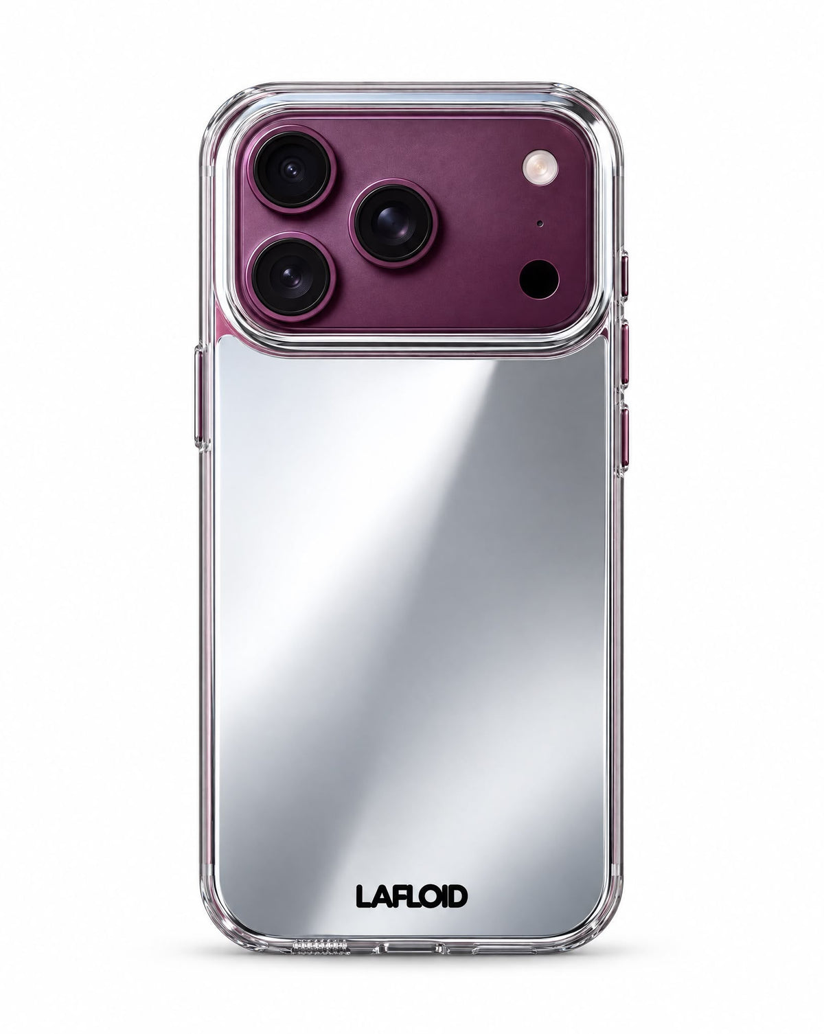 Funda espejo LAFLOID iPhone 18 Pro con cámara en color morado sobre fondo blanco