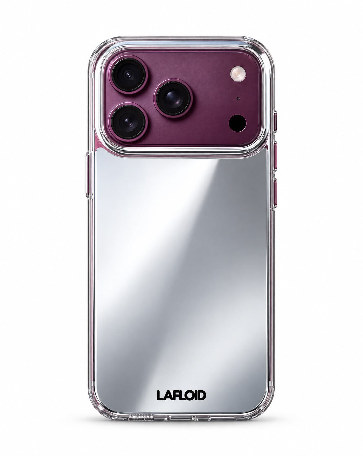 Funda espejo LAFLOID iPhone 18 Pro Max con cámara en color morado sobre fondo blanco