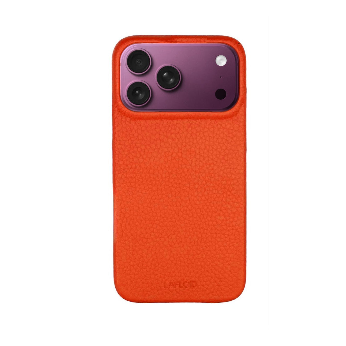 Funda de piel LAFLOID en naranja para iPhone 18 Pro, personalizable con tu frase impresa a color