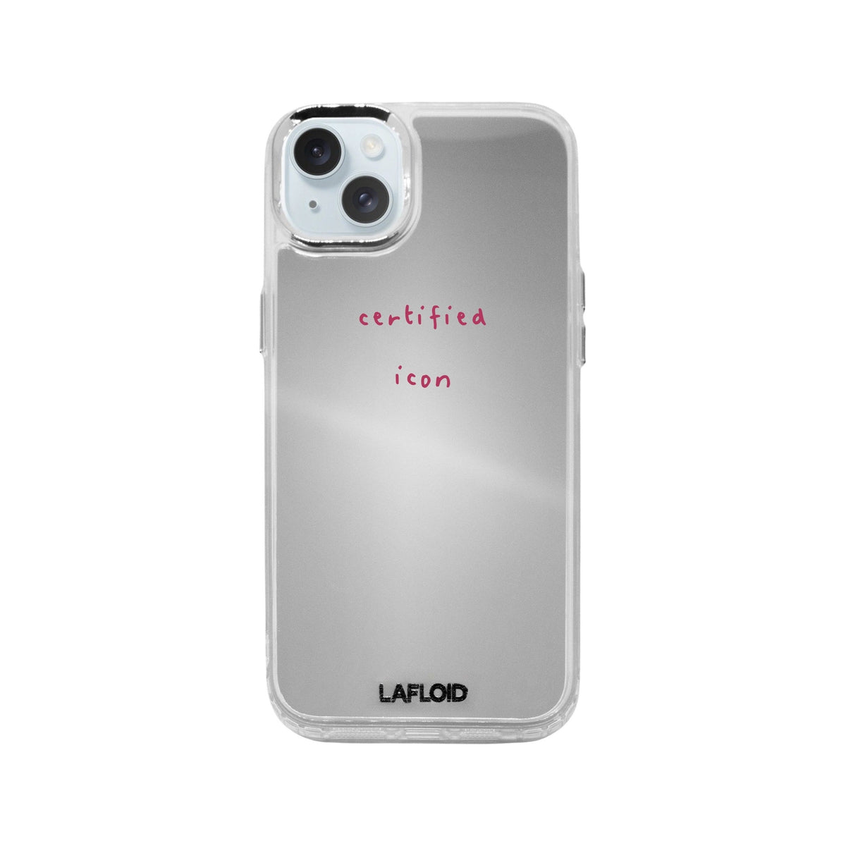 Funda espejo LAFLOID iPhone 15 Plus personalizada sobre fondo blanco