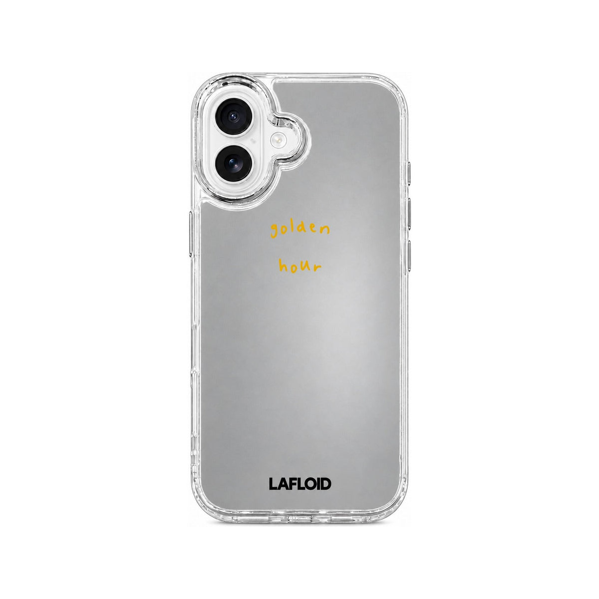 Funda espejo LAFLOID iPhone 16 Plus personalizada sobre fondo blanco