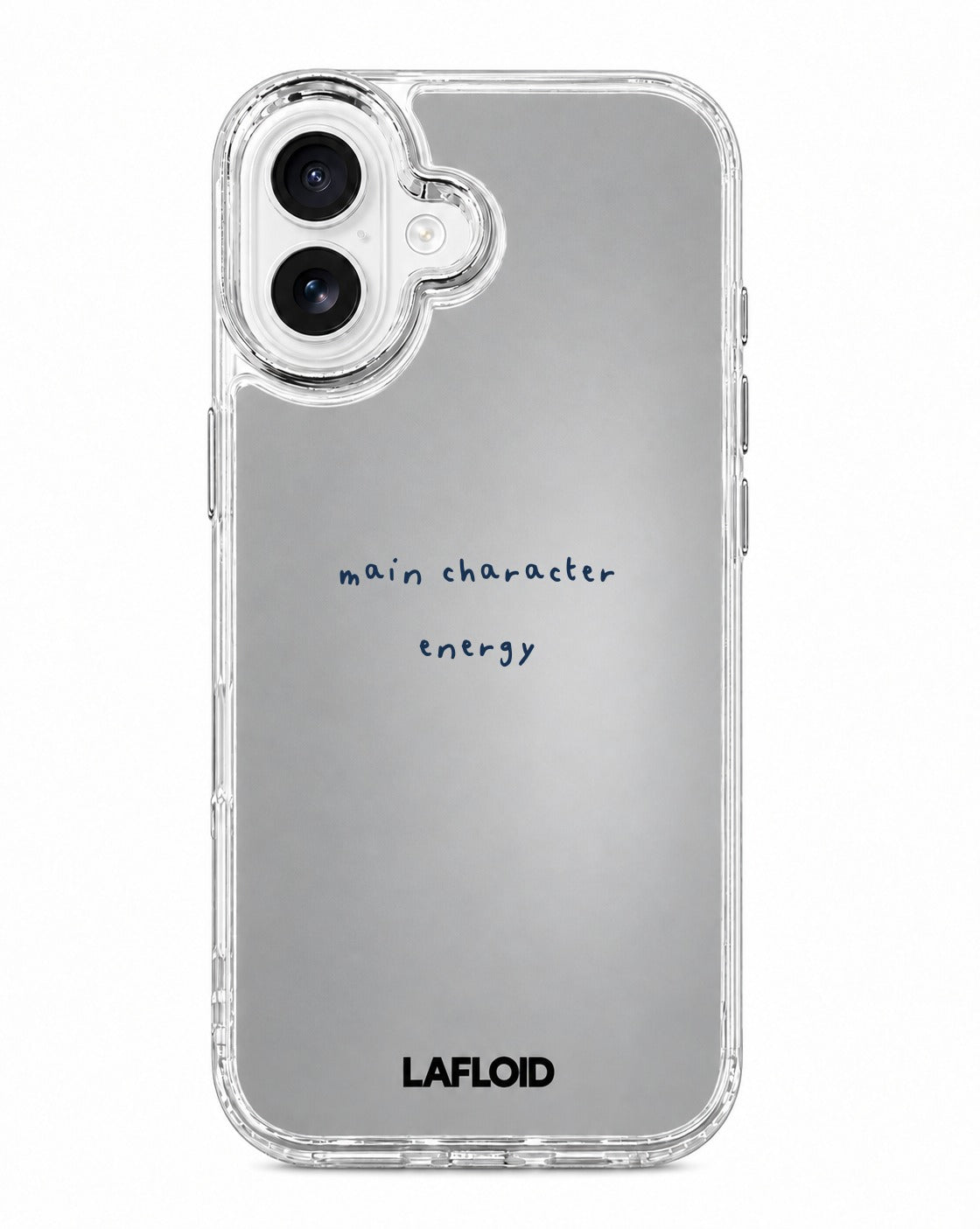 Funda espejo LAFLOID iPhone 16 con frase personalizada «main character energy» en azul marino