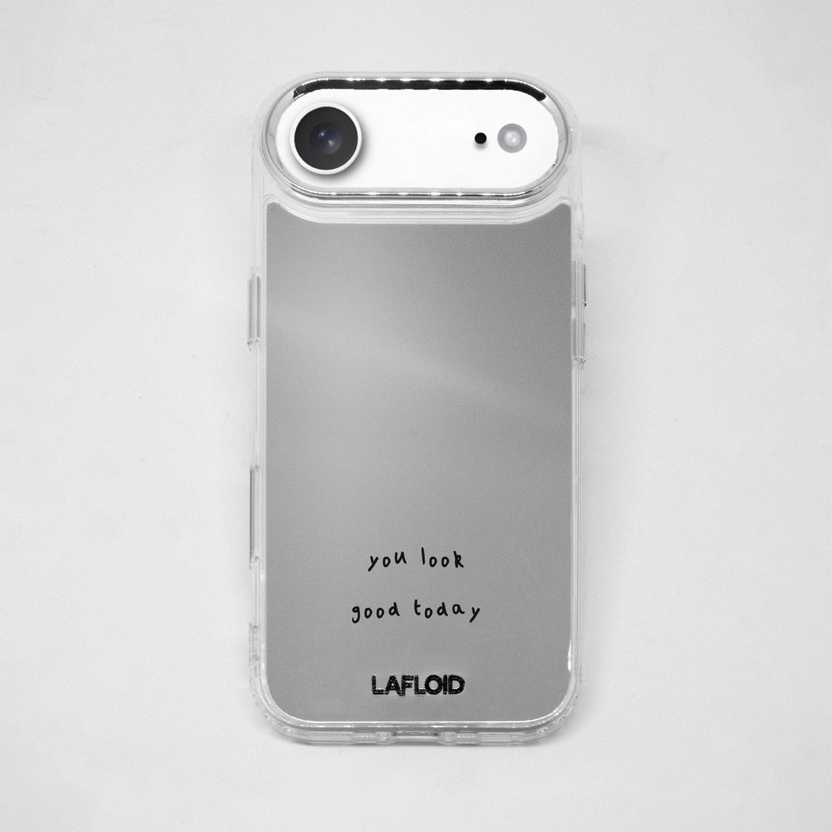 Funda espejo LAFLOID iPhone 17 Air con frase personalizada «you look good today» impresa en negro