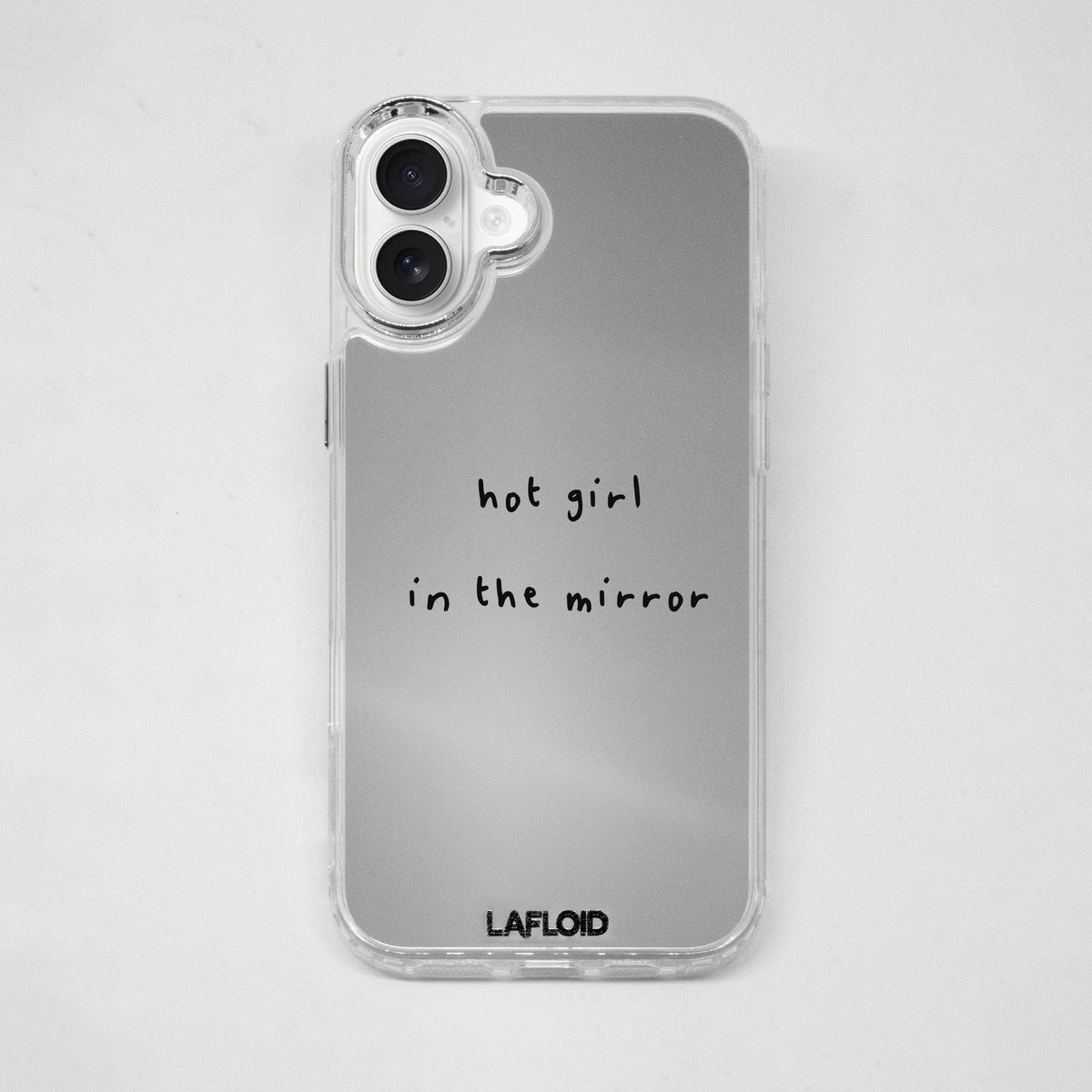 Funda espejo LAFLOID iPhone 16 con frase personalizada «hot girl in the mirror»