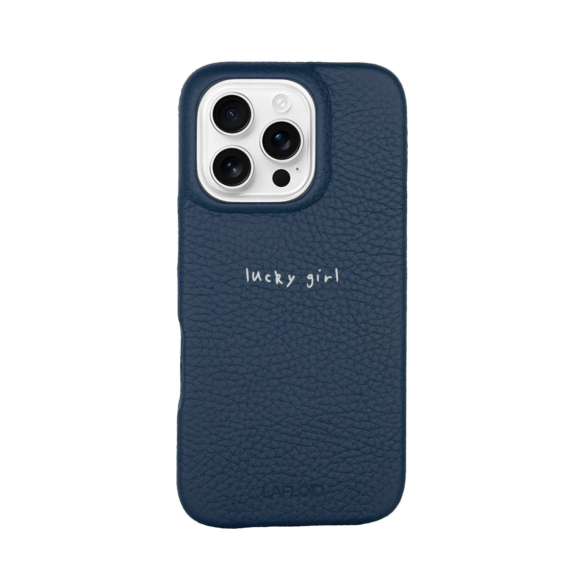 Funda de piel LAFLOID en denim para iPhone 16 Pro con frase personalizada «lucky girl» en tipografía handwritten